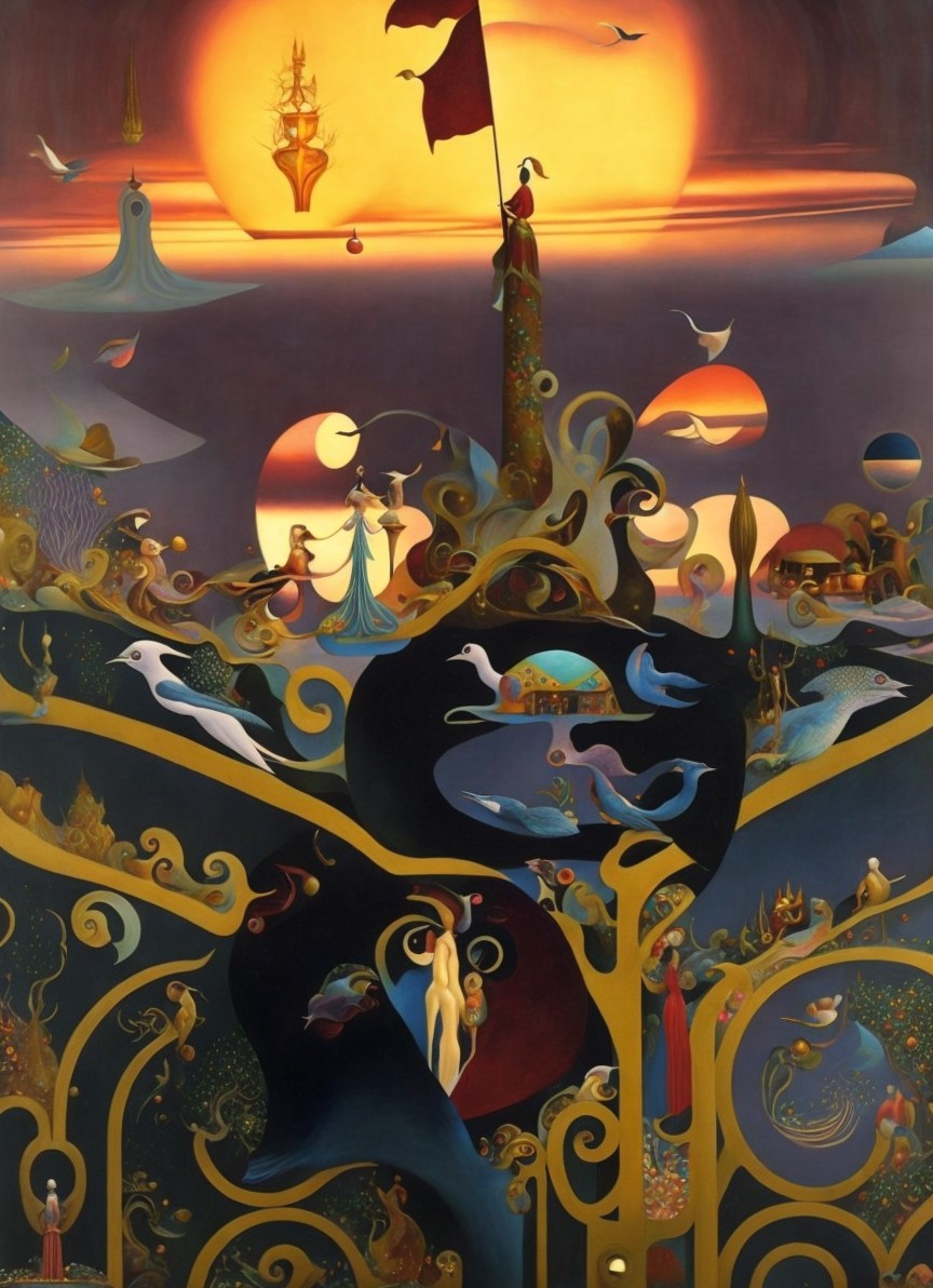 Surreal Landscape with Whimsical Figures and Sunset