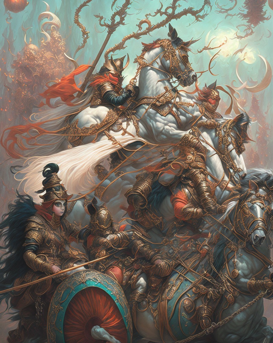 Armored Warriors on Horses in a Fantastical Landscape