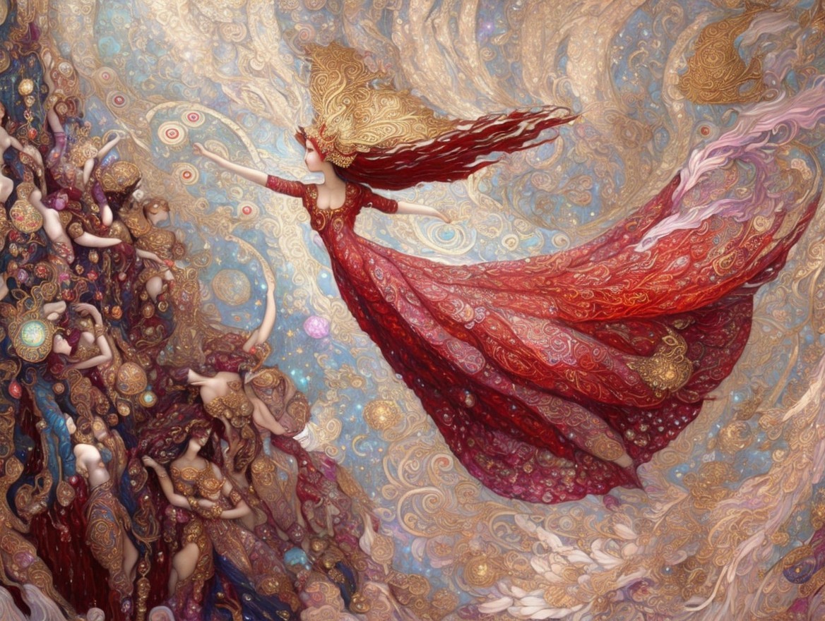 Ethereal Scene of Women in Flowing Red and Swirling Patterns