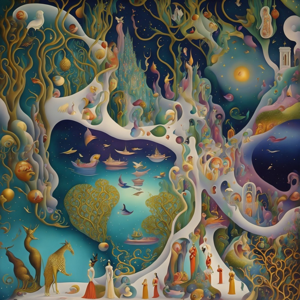 Whimsical Dreamlike Scene with Vibrant Colors and Forms