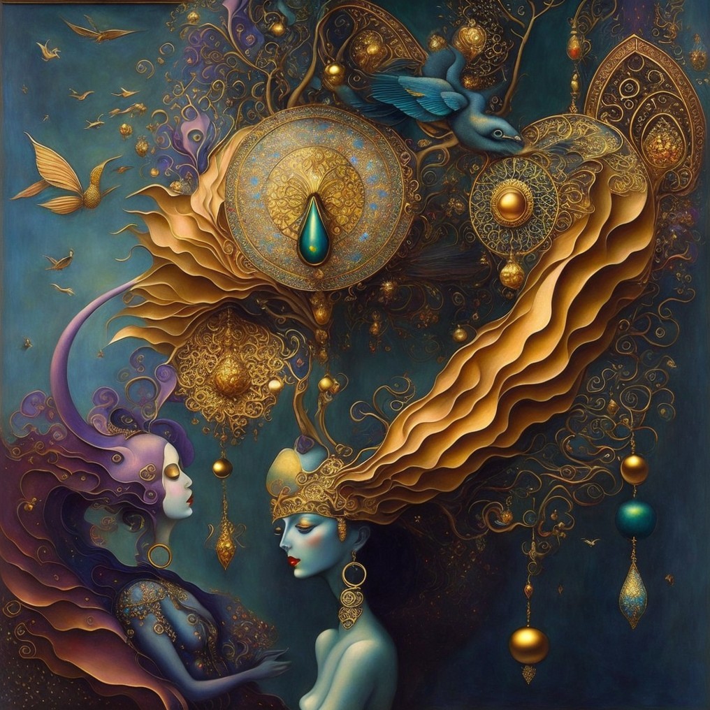 Ethereal Women in Mystical Blue and Gold Artwork