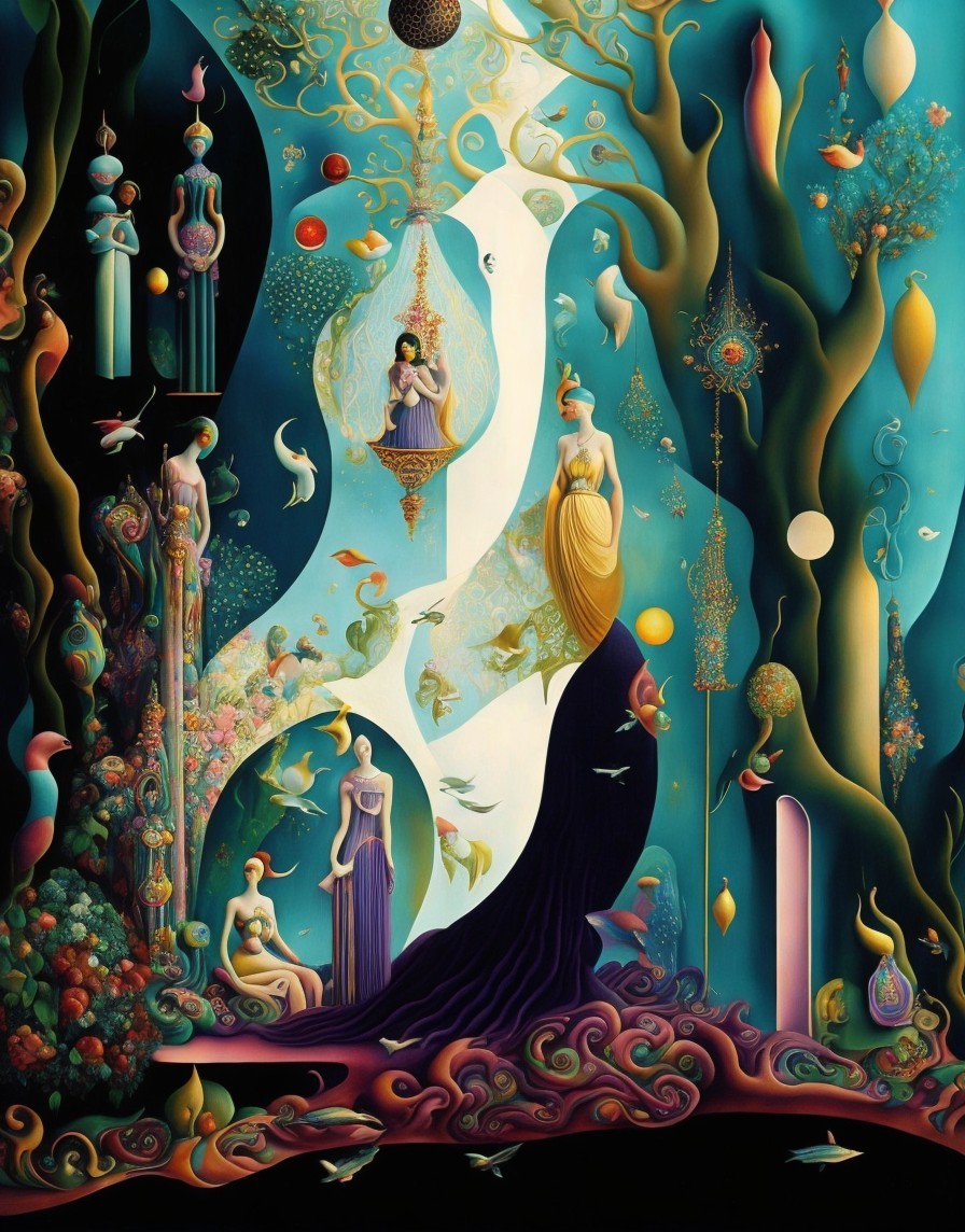 Surreal Landscape with Whimsical Figures and Flora