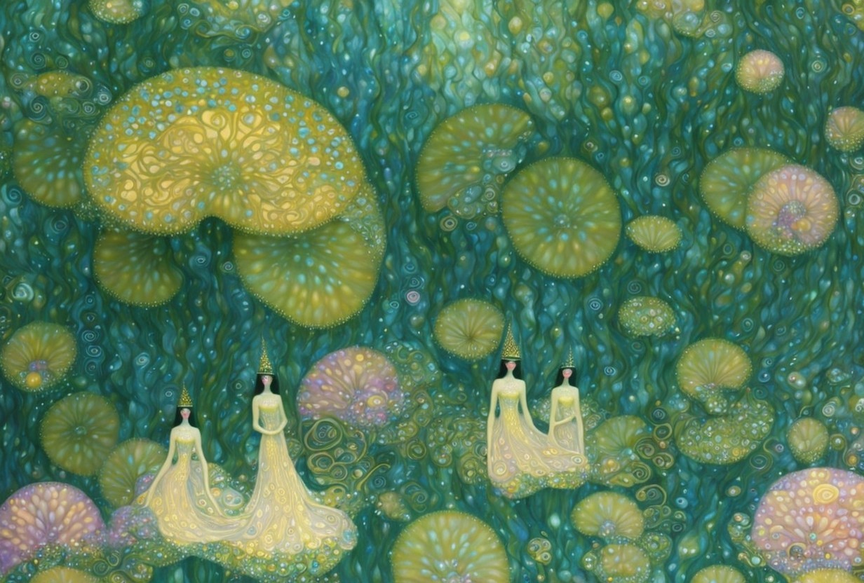 Ethereal Figures in Pale Yellow Gowns Amid Vibrant Patterns