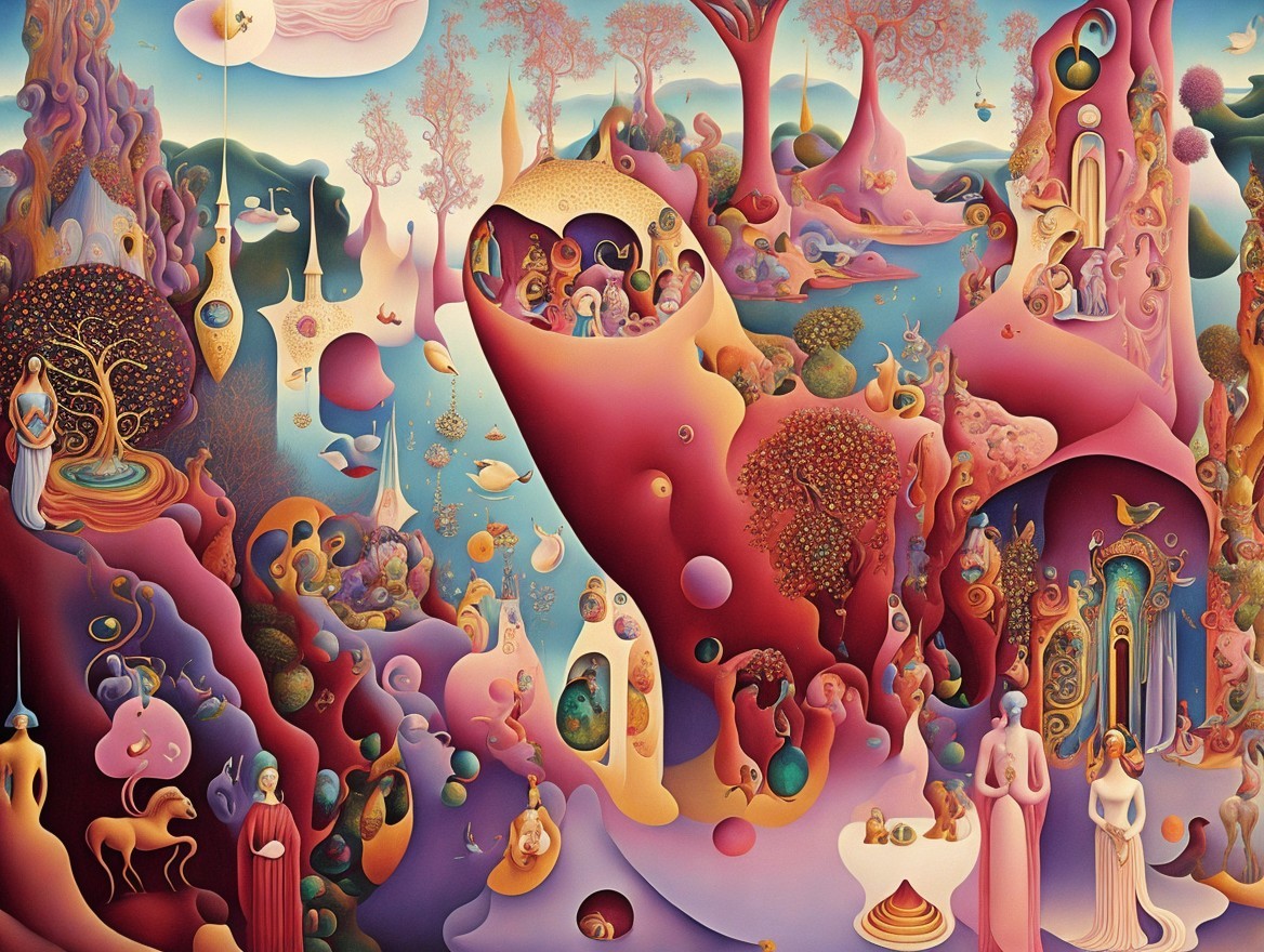 Vibrant Surreal Landscape with Whimsical Elements