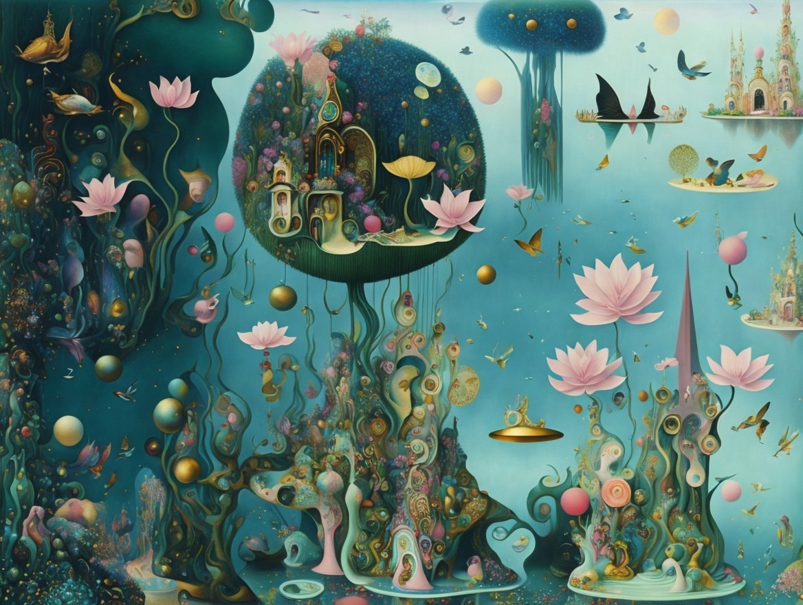 Surreal Landscape with Whimsical Flora and Fauna