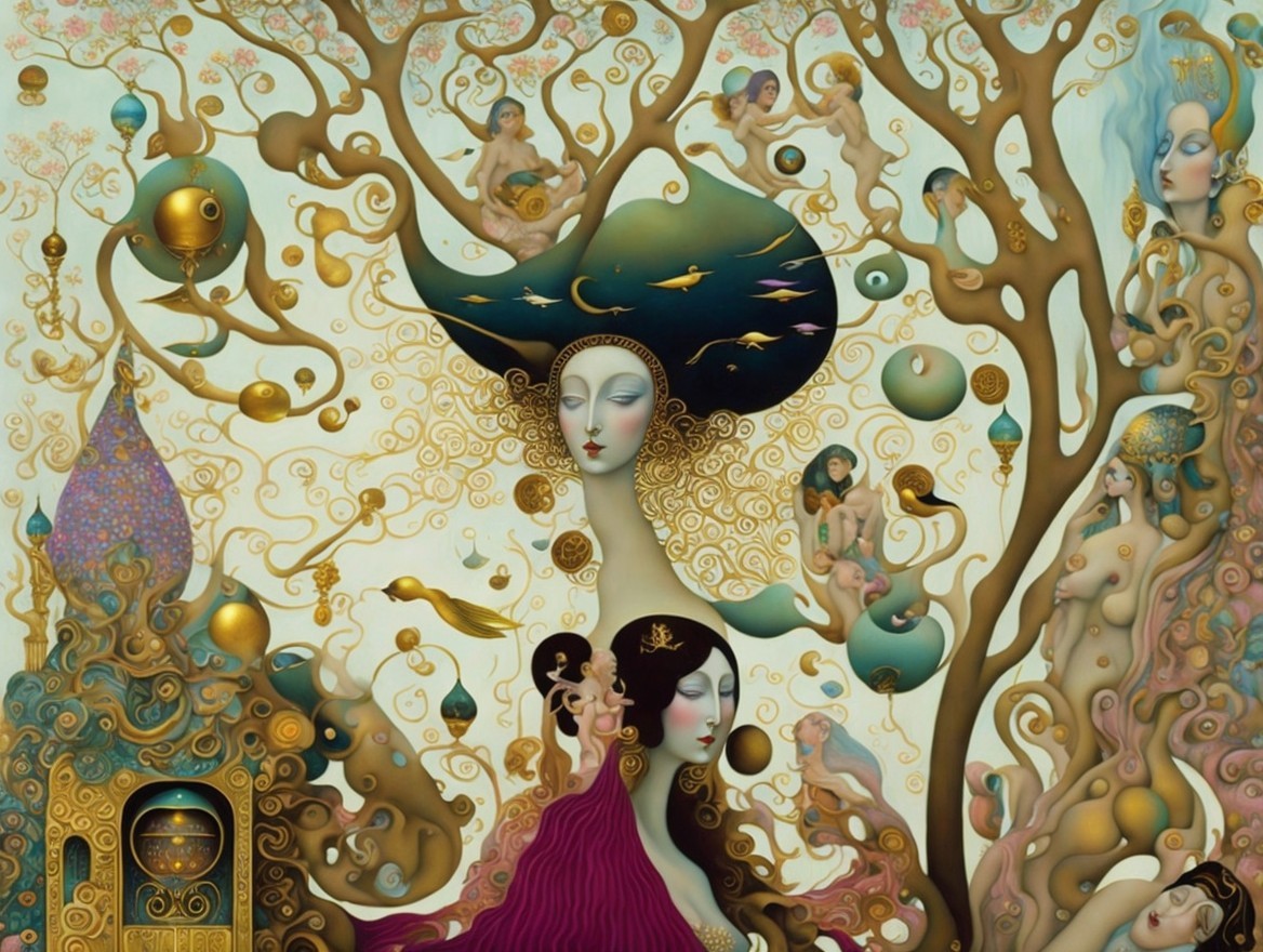 Surreal Artwork with Gold Patterns and Whimsical Figures