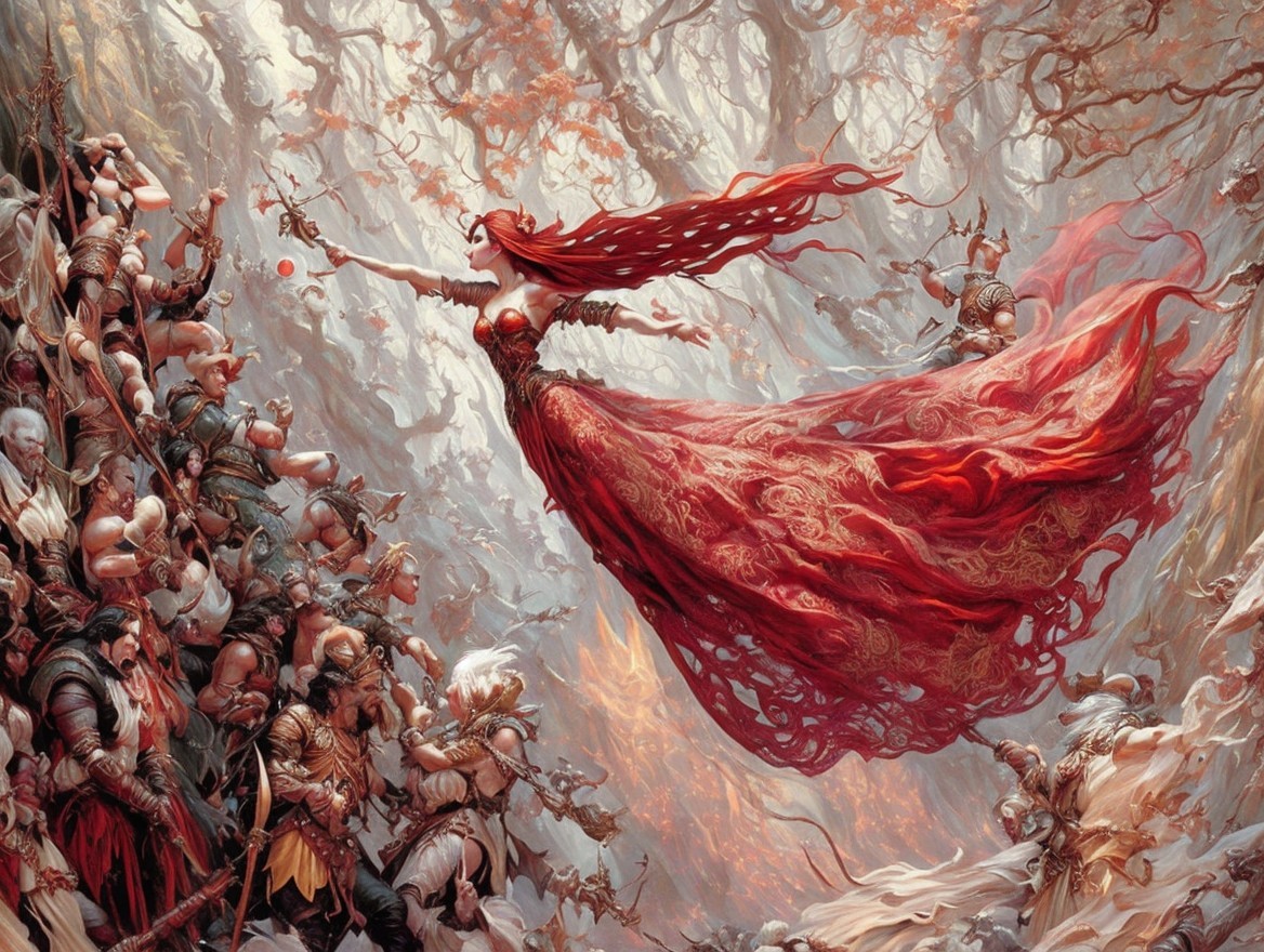 Fierce Woman in Red Gown Surrounded by Warriors