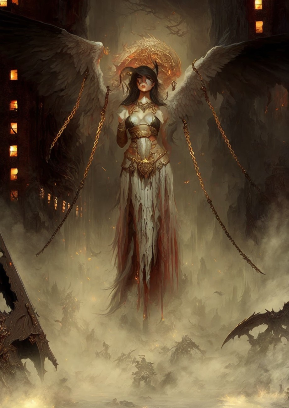 Tall Angelic Figure in Dark Fantasy Landscape