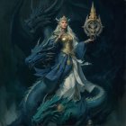 Powerful Figure in Ornate Armor with Mystical Creatures