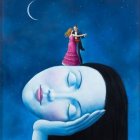 Couple Embracing in Surreal Landscape with Whimsical Elements