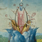 Surreal Landscape with Abstract Faces and Celestial Elements