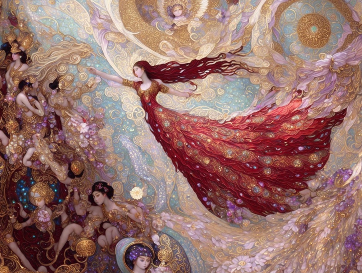 Fantastical Scene of a Woman in a Red Gown