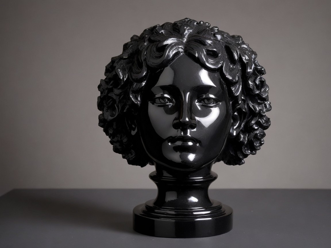 Black Sculpture of a Head with Glossy Finish and Detail