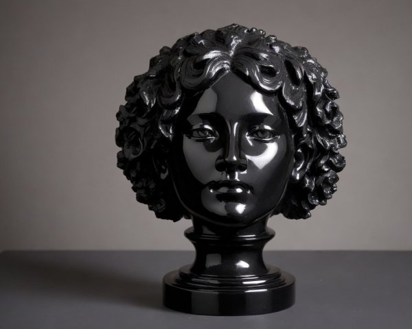 Black Sculpture of a Head with Glossy Finish and Detail