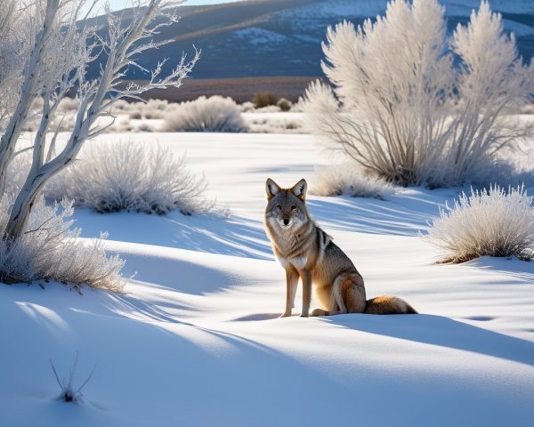 Coyote in Snowy Landscape with Frosted Shrubs