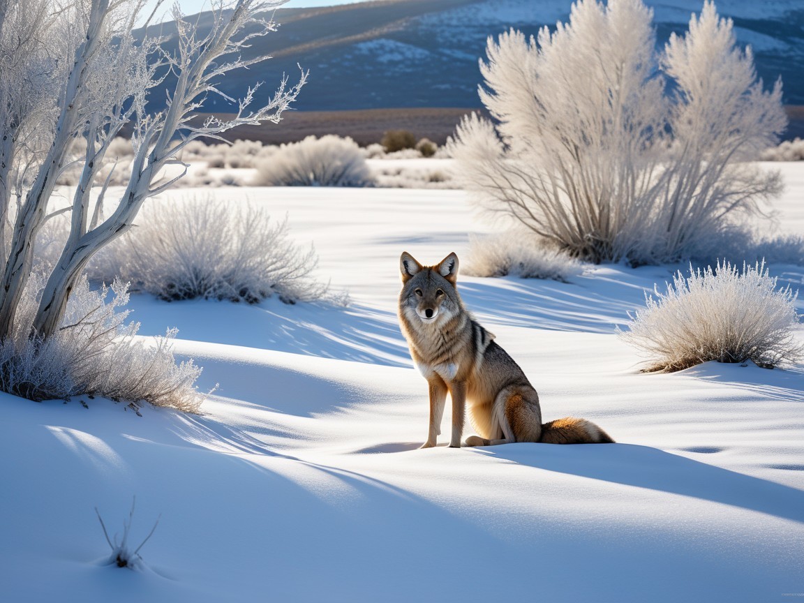 Coyote in Snowy Landscape with Frosted Shrubs