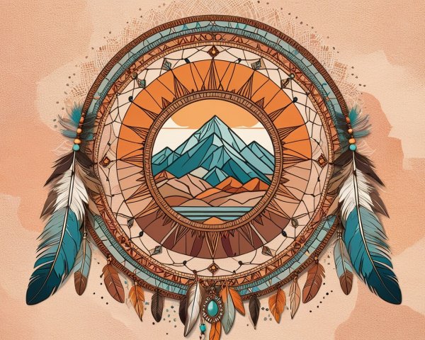 Intricate Dreamcatcher with Mountain and Sky Design