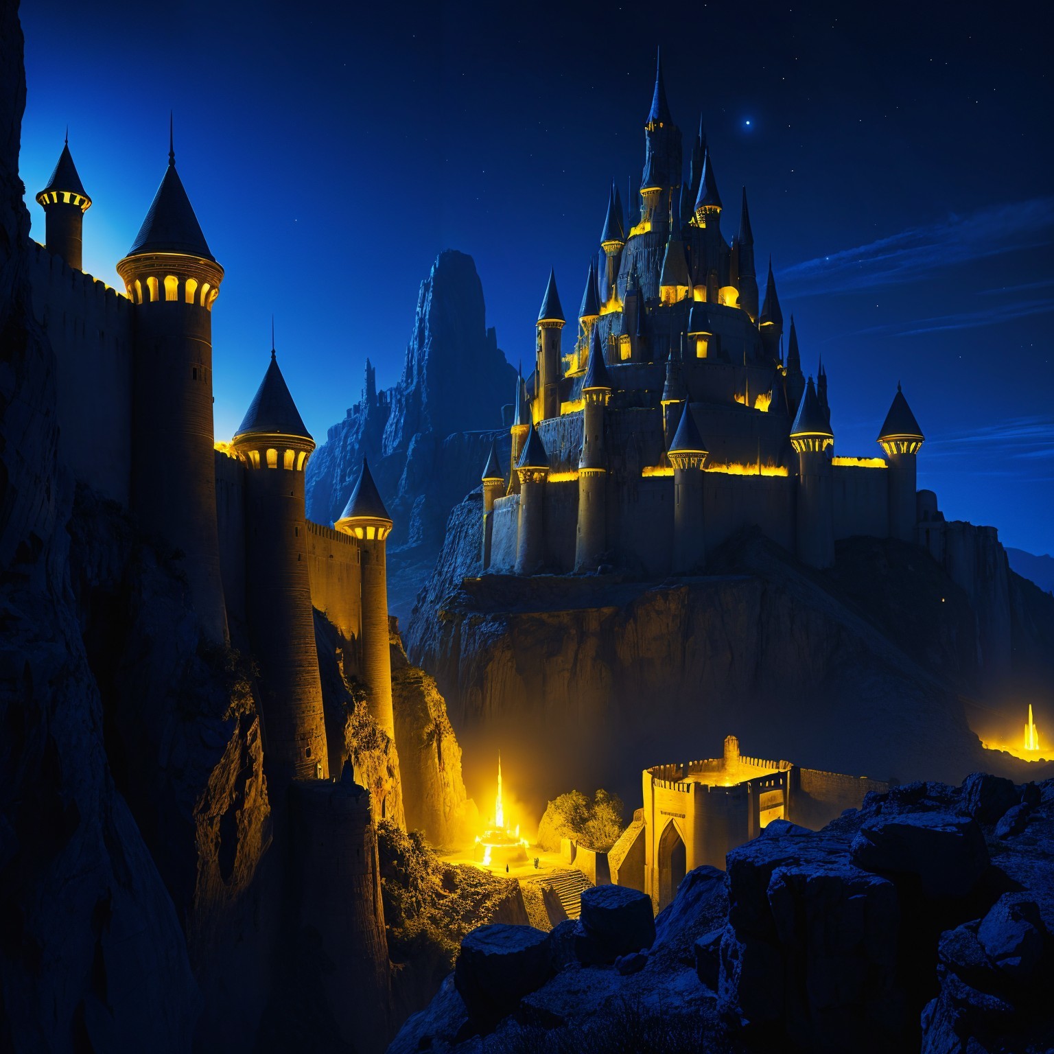 Majestic castle on a mountain under night sky lights