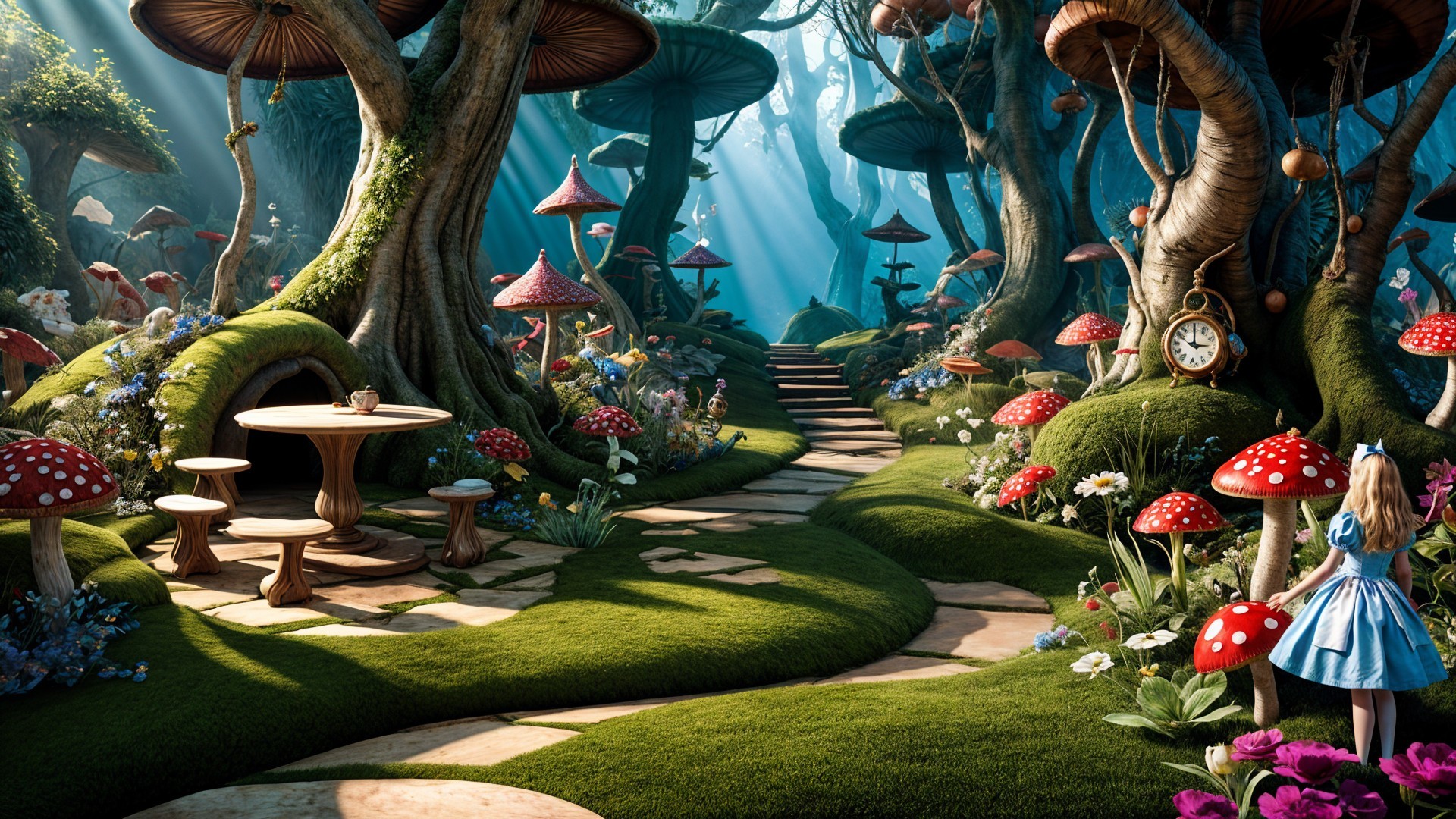 Whimsical Forest Scene with Trees and Colorful Mushrooms