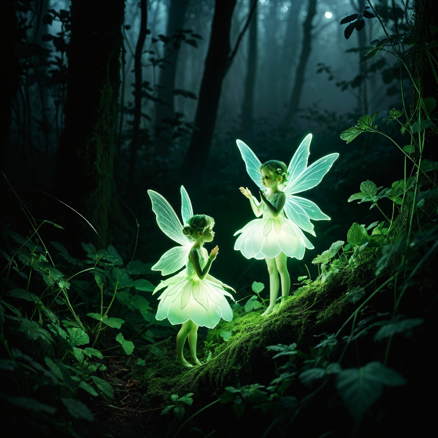 Fairies in a Misty Forest with Luminescent Dresses