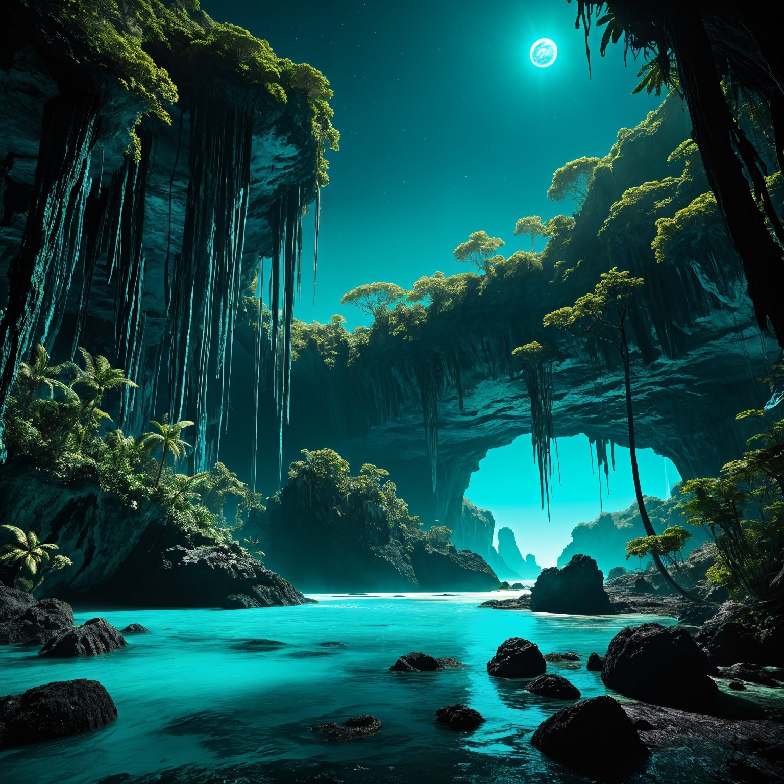 Mystical Cavern with Rock Formations and Turquoise Waters