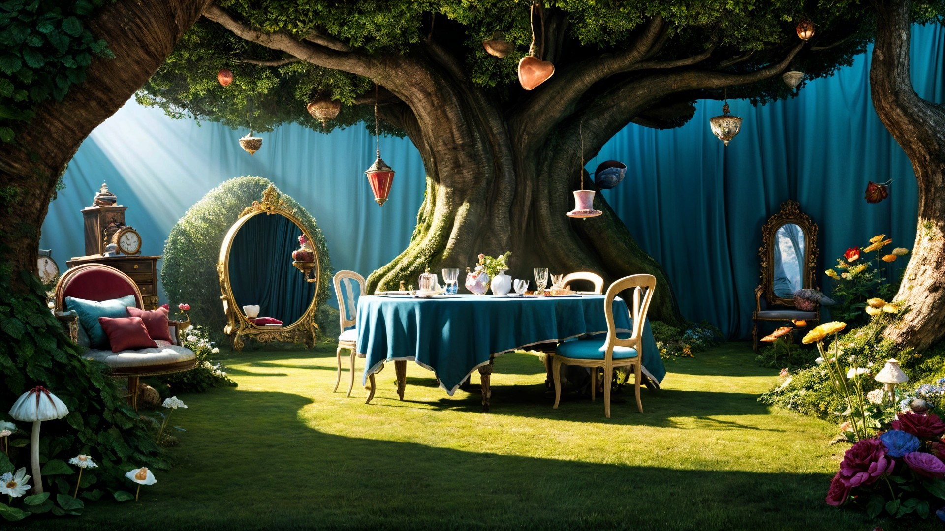 Whimsical Outdoor Scene with Grand Tree and Table Setting