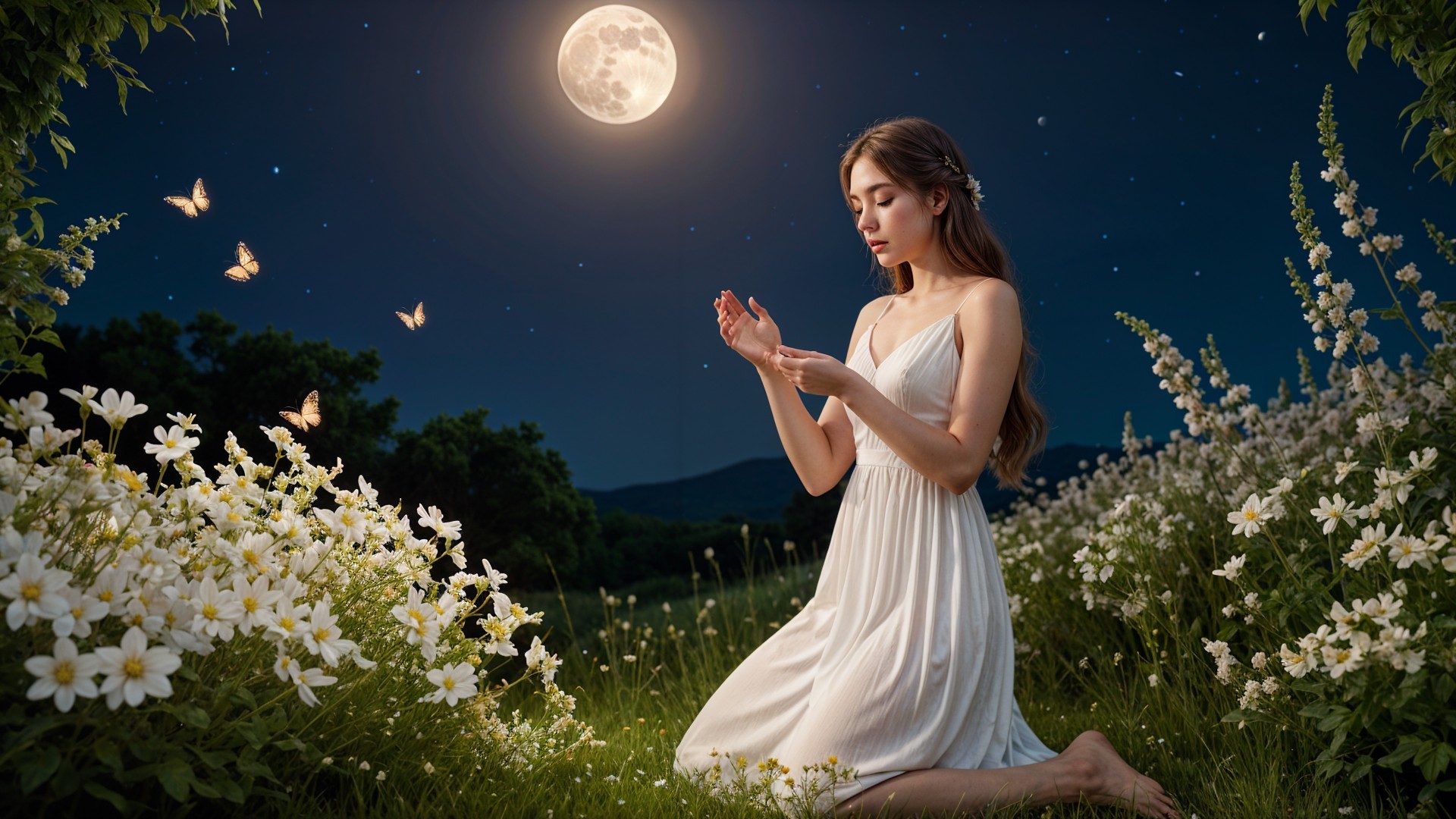 Serene Night Scene with Woman and Blooming Flowers