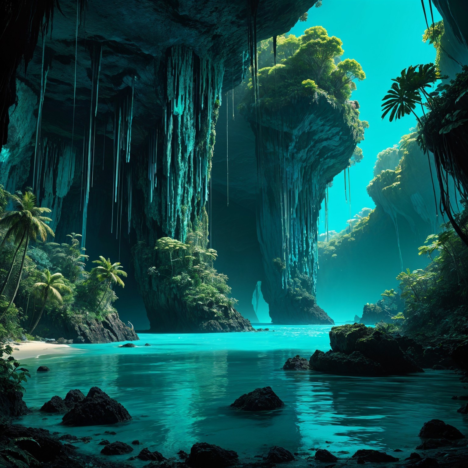 Turquoise Lagoon in a Serene Cavern Surrounded by Cliffs