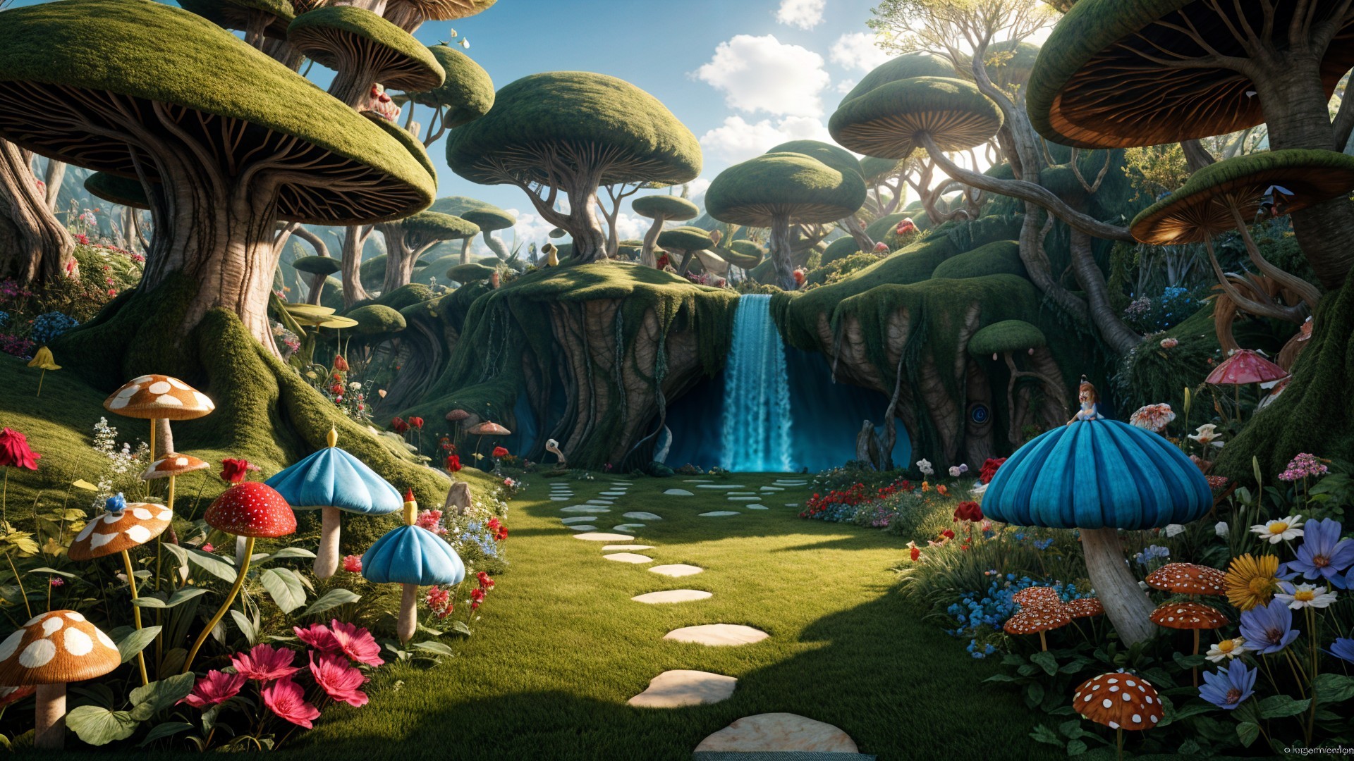Whimsical Landscape with Colorful Mushrooms and Waterfall