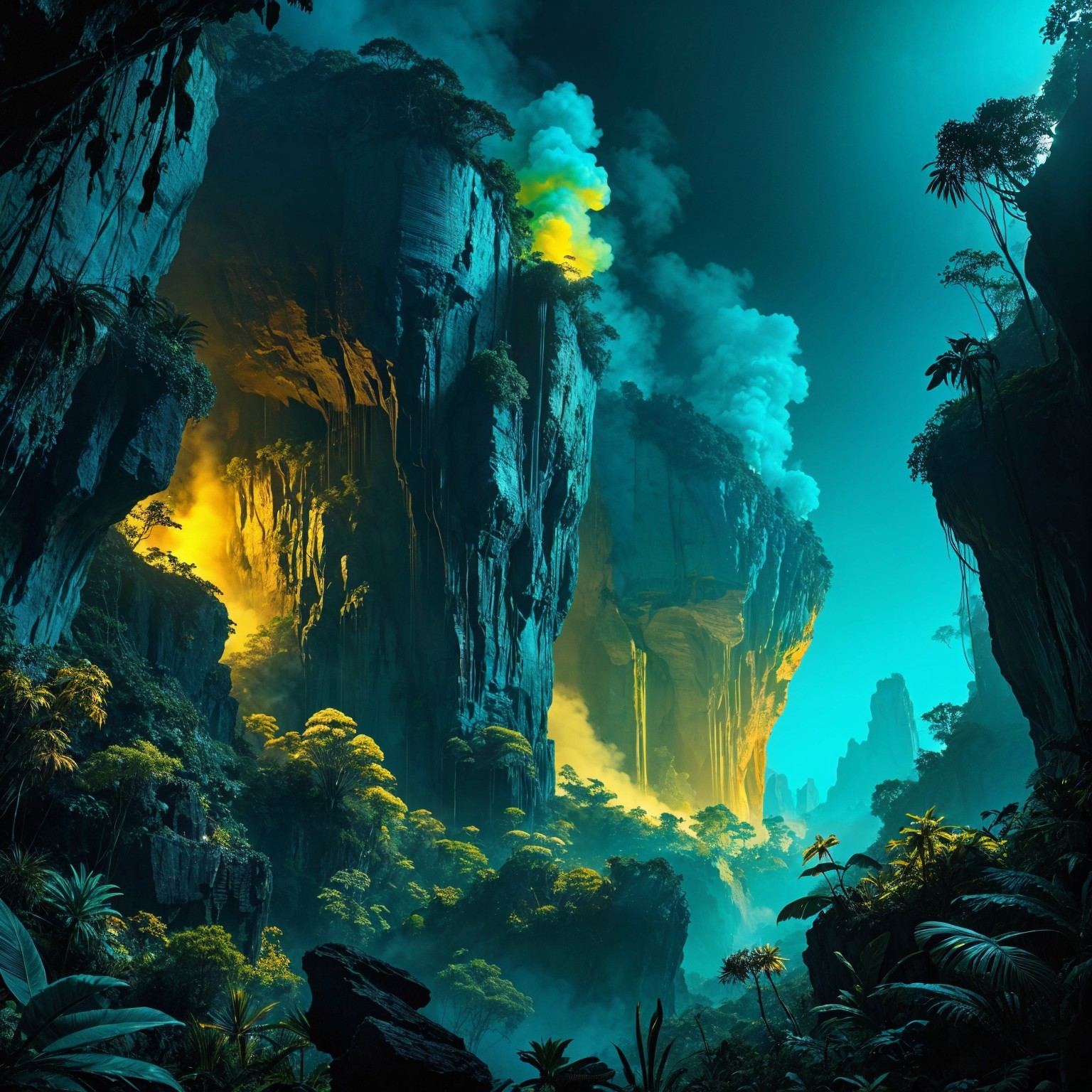 Vibrant Landscape with Towering Cliffs and Foliage