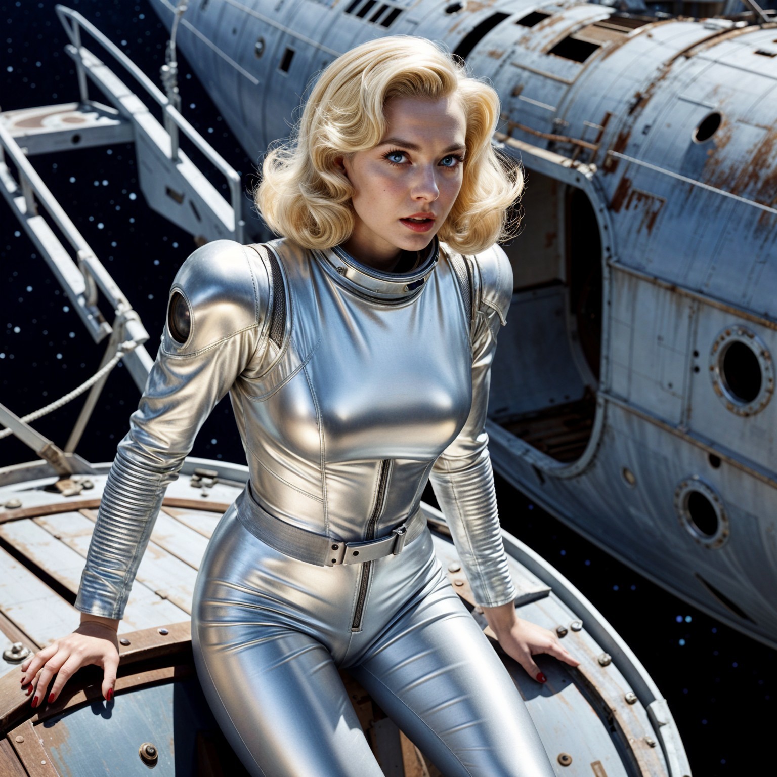 Futuristic Figure in Silver Spacesuit Against Space Background