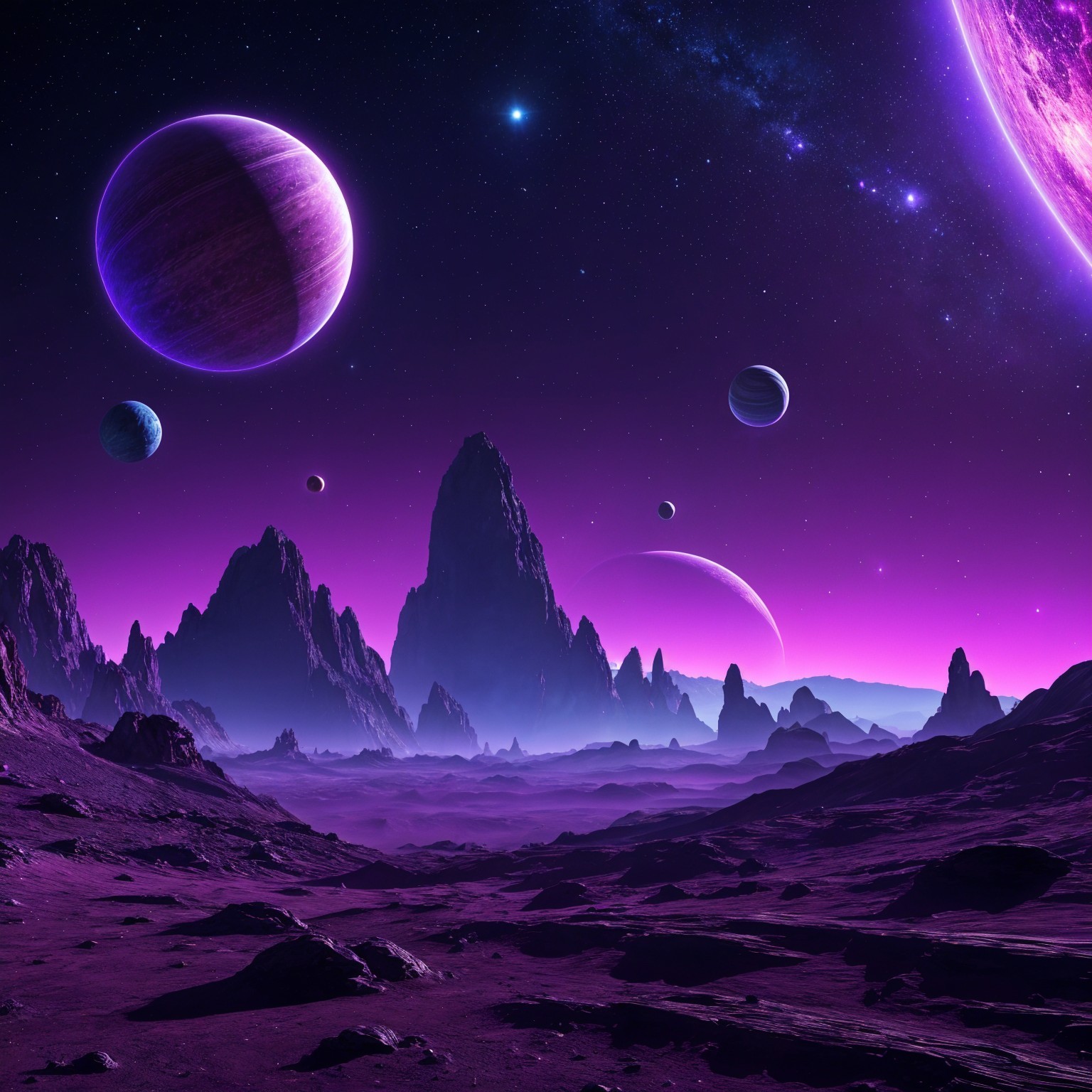 Alien Landscape with Purple Mountains and Vibrant Planets