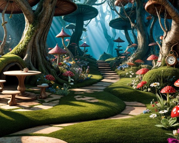 Whimsical Forest Scene with Trees and Colorful Mushrooms
