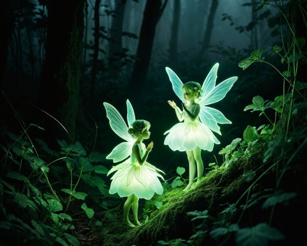 Fairies in a Misty Forest with Luminescent Dresses
