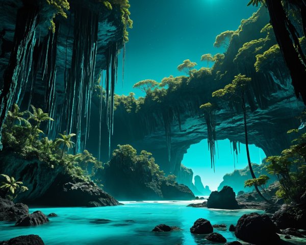 Mystical Cavern with Rock Formations and Turquoise Waters