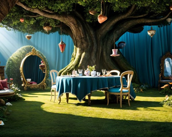 Whimsical Outdoor Scene with Grand Tree and Table Setting