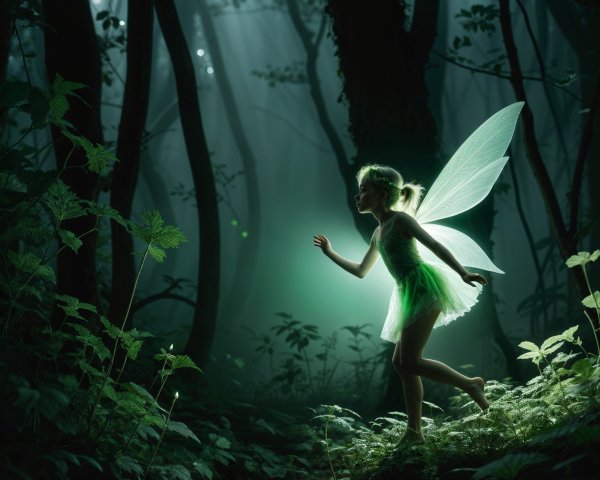 Fairy in Mystical Forest with Translucent Wings