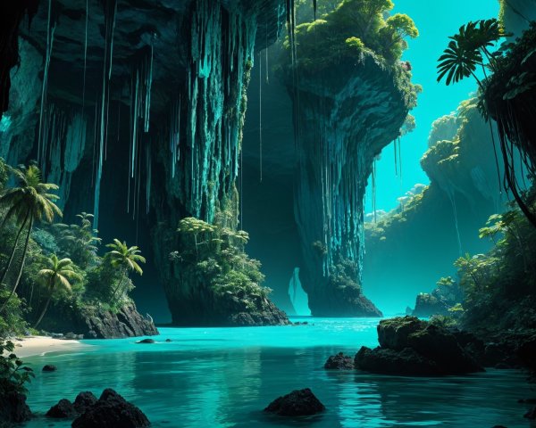 Turquoise Lagoon in a Serene Cavern Surrounded by Cliffs