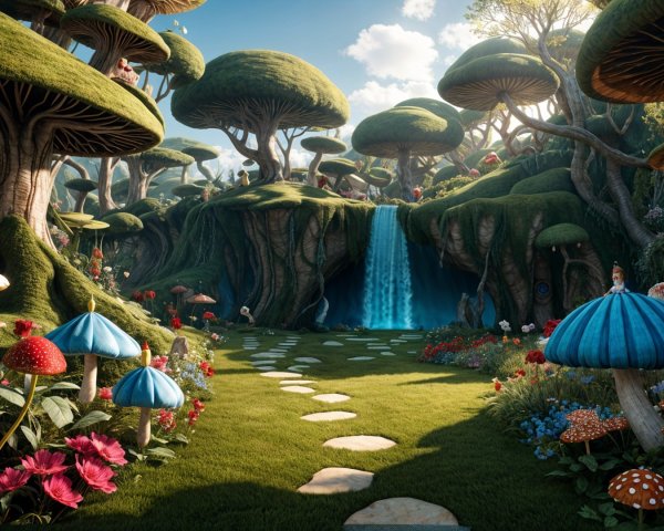 Whimsical Landscape with Colorful Mushrooms and Waterfall