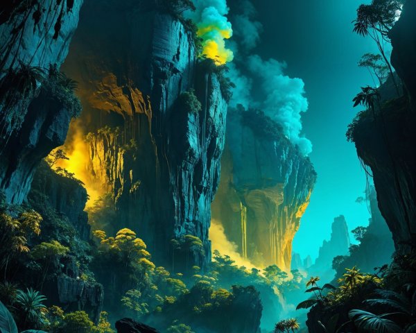 Vibrant Landscape with Towering Cliffs and Foliage