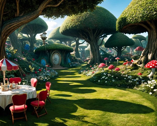 Whimsical garden with oversized trees and cozy dining area