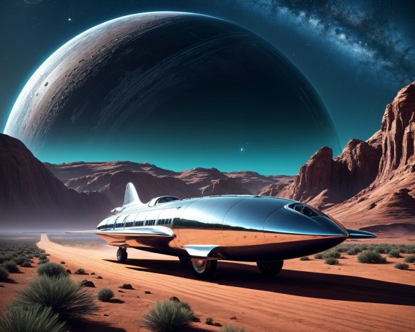 Futuristic spacecraft on a desert landscape at night