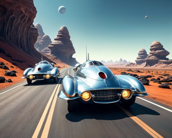 Futuristic cars racing in a surreal desert landscape