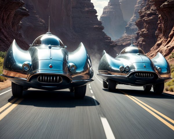 Futuristic Chrome Cars on Winding Road in Red Rocks