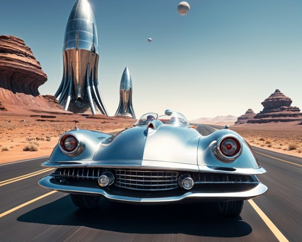 Vintage silver sports car on a futuristic highway scene