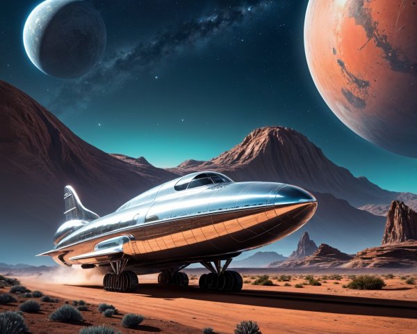 Futuristic spaceship in a desert landscape at night