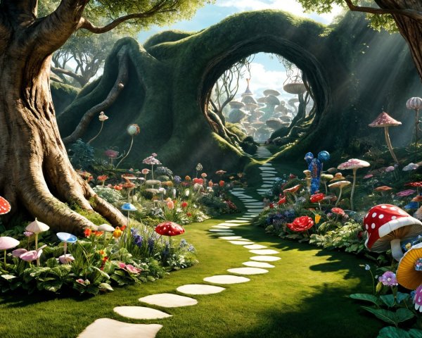 Whimsical Forest Pathway with Ancient Trees and Mushrooms