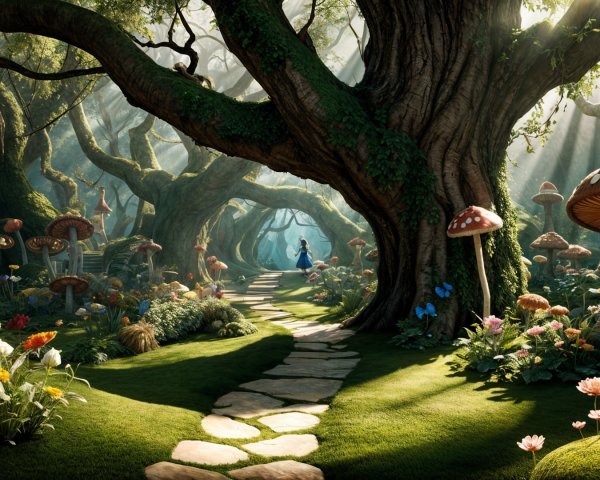 Whimsical Forest Path with Ancient Trees and Mushrooms