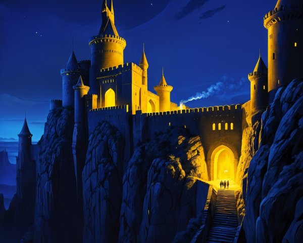 Majestic castle on a cliff under a night sky