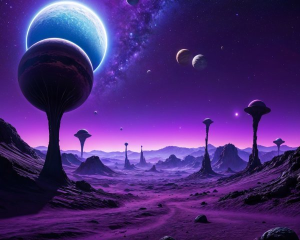 Surreal Alien Landscape with Purple Hues and Planets